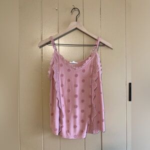 Mine Pink Blush Tank Top with Velvety Polka Dots & Lace Accent Size M